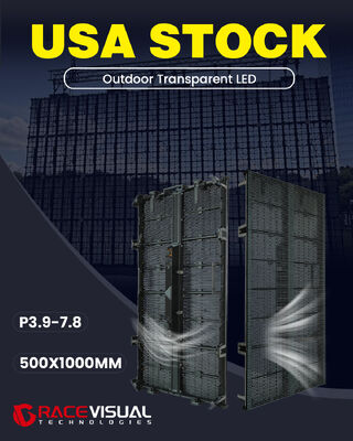 LED exterior transparente. 3,9-7,8 mm de altura de los píxeles. 500x1000 mm de gabinete. 7680 Hz de frecuencia de actualización.