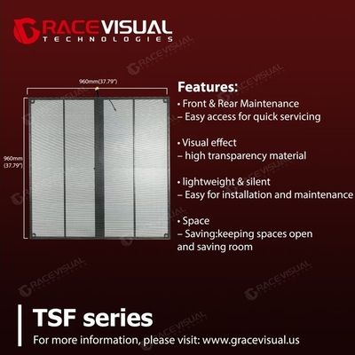 Serie TSF: Pantalla LED transparente P3.97.8 de última generación con frecuencia de actualización de 3840 Hz, paneles de 500 × 1000 mm, ideal para imágenes de alta resolución