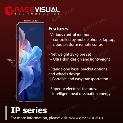 Control remoto de la serie IP Display LED portátil de 1,2 mm 2,5 mm Pitch de píxeles Ultra delgado 35 kg Diseño de acceso móvil a la nube IP40/IP21 Calificación