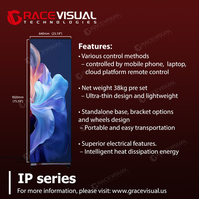 Serie IP. Un elegante póster LED P2.5 Ultra delgado de 640×1920 mm con precisión de color de 16 bits y diseño portátil para campañas interiores con estilo.